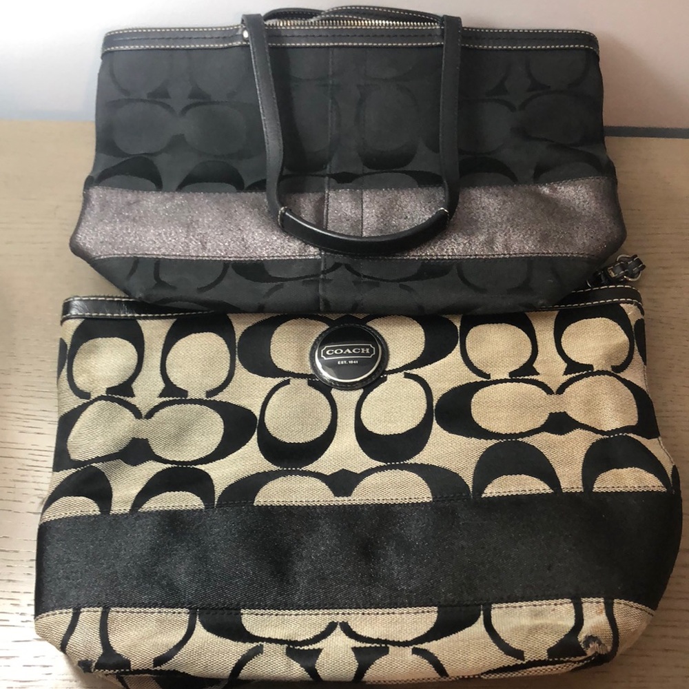 Two Coach small totes black and black and gray
